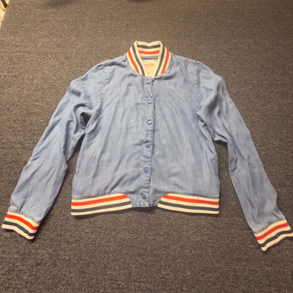 Mossimo Bomber Jacket Womens M Blue Excellent Chambray Varsity Stripe‎ Button Up